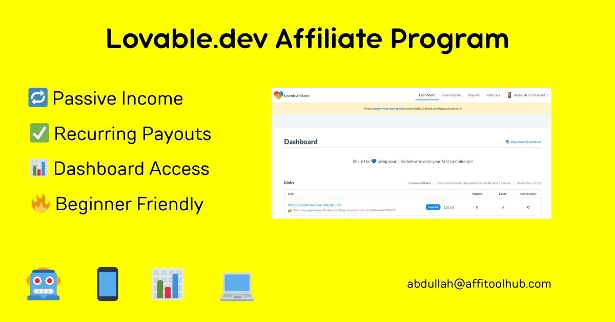 Lovable.dev affiliate dashboard showing features like passive income, recurring payouts, and beginner-friendly tools.