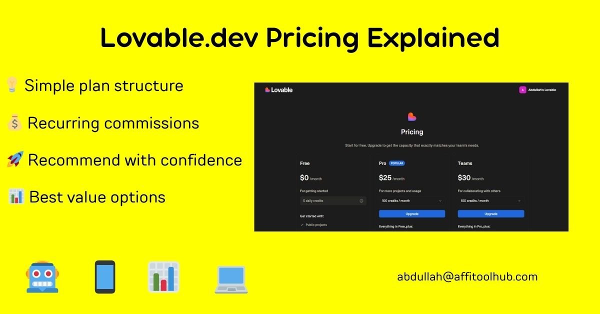 Overview of Lovable.dev pricing plans with key affiliate benefits like recurring commissions, simple structure, and plan recommendations.
