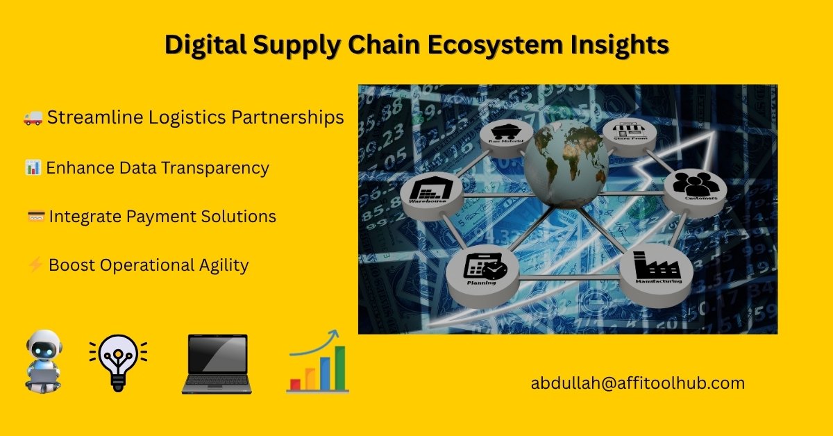 Illustration of supply chain ecosystems in digital business showing interconnected industries optimizing logistics, payments, and data flow